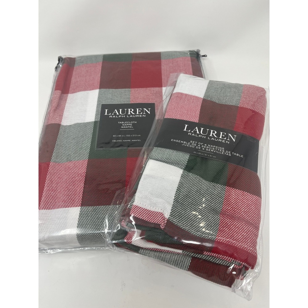 Ralph Lauren Tablecloth 60x84 & 4 Napkins Red Green White Buffalo Check Plaid